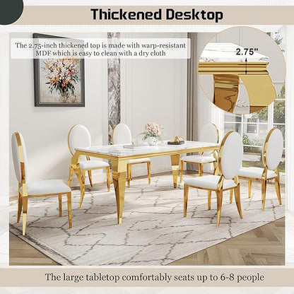7-Piece Dining Table Set for 6, Faux Marble Modern Dining Table Set with 6 Oval Backrest Upholstered Chairs, 70“ Stainless Steel Legs Table & Chair Set for Kitchen, White & Gold