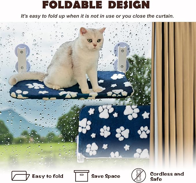 Cat Window Perch, Foldable Cat Window Hammock with Cute 3D Textured Flower Cover and Strong Suction Cups, Cordless Window Seat Bed for Indoor Cats (Navy Paw, Large)