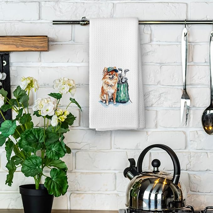 Golf Dog Kitchen Towels - Pomeranian Dish Towels, Sports Gifts, Pet Golf Club Decorative Absorbent Dishcloths Hand Towels for Kitchen Gym Spa Decor 16x24 Inches
