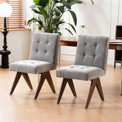 Rowill Modern Upholstered Dining Chairs Parsons Chair Linen Fabric Kitchen Chairs Tufted Armless Dining Room Chairs with Wood Legs Set of 6, Light Grey
