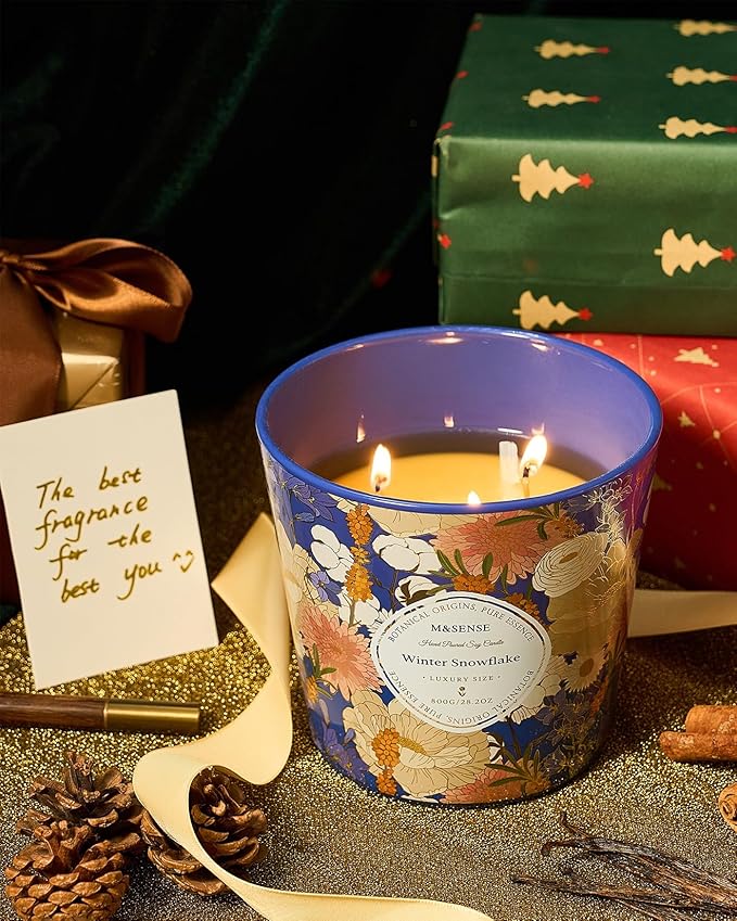 M&SENSE Winter Snow Flake Scented Candle, 28.2oz 3 Wick Natural Soy Wax Large Candles, Long Lasting Clean Slow Burning No Toxic Décor for Home Relaxation, Romantic Dates & Gift-Giving