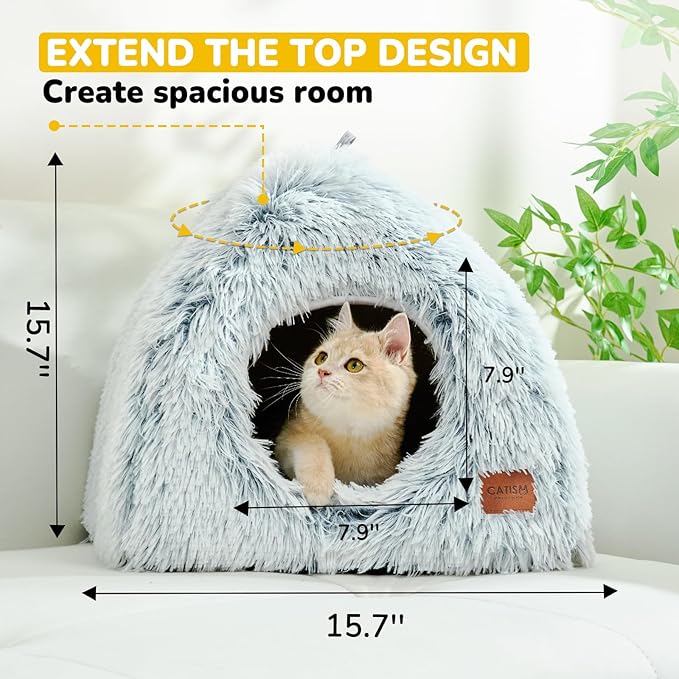 CATISM Cat Bed, Cat Cave for Indoor Cats, Soft Cat Dome, Self-Warming 2 in 1 Foldable Pet Cat House with Washable Cushioned Pillow Calming Fluffy Dog Beds for Small Dogs with Anti-Slip Bottom Gray