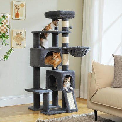 PAWZ Road Cat Tree, 51.6 Inches Cat Tower with Dual Condos, Spacious Perch, Cozy Basket and Sisal-Covered Scratching Posts for Small Cats and Kittens- Dark Gray