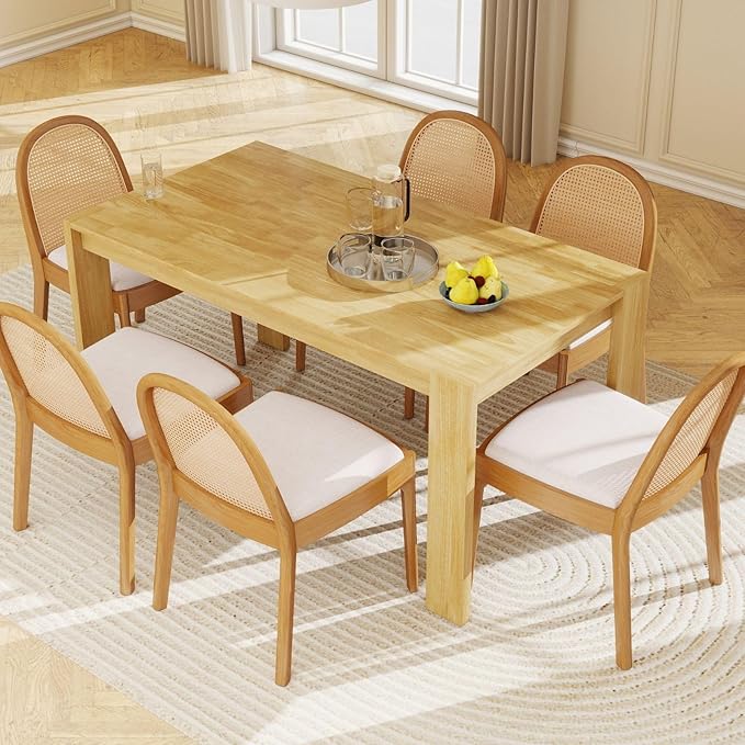 LukeAlon Linen Dining Chairs Set of 4, Natural Woven Cane Back with Solid Wood Legs Mid Century Side Chairs for Kitchen Living Room, Beige