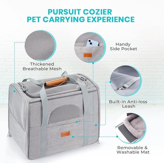 Morpilot Portable Cat Carrier - Soft Sided Cat Carrier for Medium Cats and Puppy up to 15lbs, Pet Carrier with Locking Safety Zippers, Foldable Bowl, Airline Approved Travel Dog Carrier - Light Gray