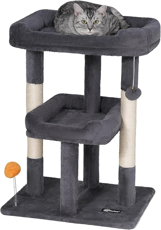 FourFurPets 27.6-Inch Cat Tree, Cat Tower for Indoor Cats, Cat Condo for Large Cats, Small Cat Tree with Scratching Post, Toy Balls, for Kittens, 2 Soft Platform, Dark Gray