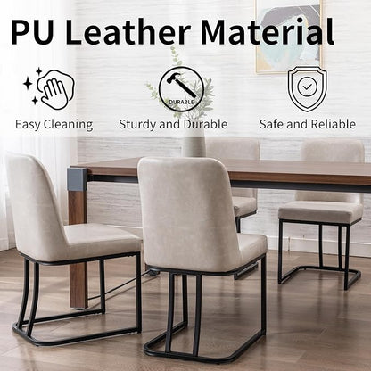 Grey PU Leather Dining Chairs Set of 6 Mid Century Modern Comfortable Dining Room Chair with Curved Backrest, Upholstered Kitchen Side Chairs with Black Metal Legs