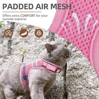 PUPTECK Soft Mesh Cat Vest Harness and Leash Set Puppy Padded Pet Harnesses Escape Proof for Cats Small Dogs Rabbits Bunny, Plaid Pink, L