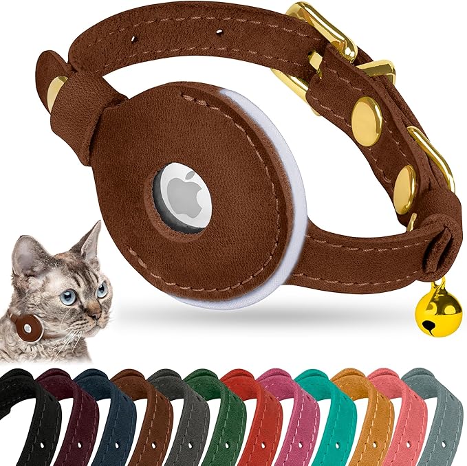 OOPSDOGGY Reflective Leather AirTag Cat Collar with Bell - Non Breakaway Adjustable Pet Collar with Apple Air Tag Holder - Lightweight GPS Kitten Collars for Small Dogs Puppy (Brown)