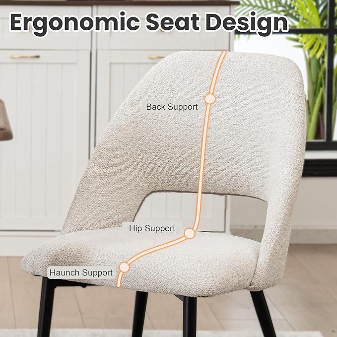 Rowill Dining Chairs Set of 4 Upholstered Dining Room Chairs Mid Century Modern Dining Chairs Kitchen Chairs Accent Chair with Metal Legs for Living Room Bedroom, Boucle Fabric Beige