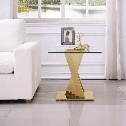 Goujxcy Modern Glass End Table Gold Sofa Side Table with Tempered Glass Top and Mirror Finish Stainless Steel Legs, Luxury Square Sofa Side Table Bedside Table for Living Room Bedroom (Gold)