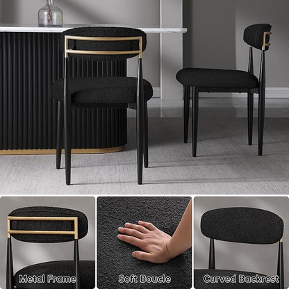 Morden Fort Black Dining Chairs Set of 4, Boucle Upholstered Chairs with Curved Backrest and Metal Frame for Dining Room, Kitchen, Apartment