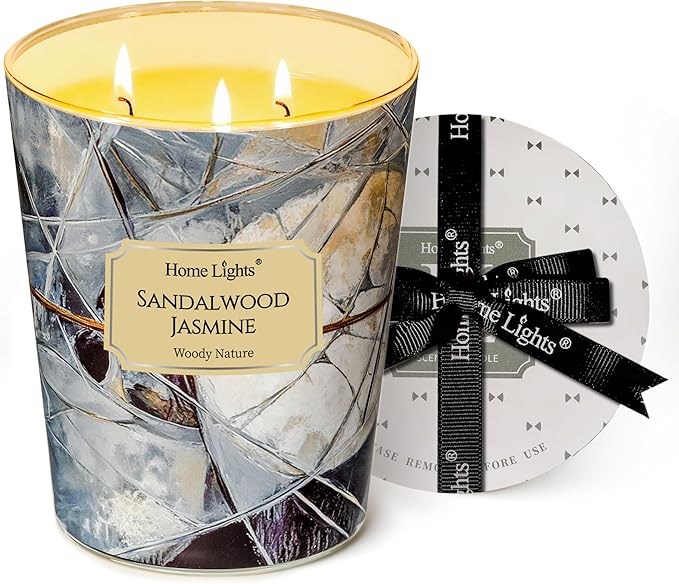 HomeLights Soy Wax Candles for Home Scented, 3-Wick Candles in Sandalwood Jasmine Scented, Industrial Chic Aromatherapy Candles Gift for Parties, Relaxing, 34oz