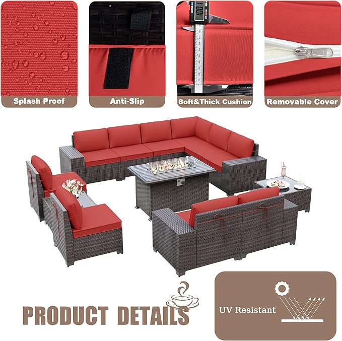 Kurapika 13 Pieces Patio Furniture Set, Rattan Wicker Outdoor Conversation Sets w/43in Propane Fire Pit Table(Red)