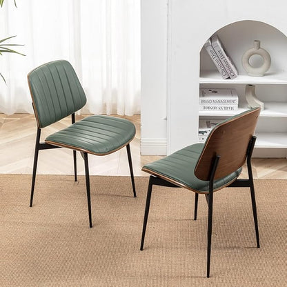 LUNLING Dining Chairs Set of 4 Mid Century Modern Retro Faux Leather Chair with Walnut Bentwood Upholstered Seat Metal Legs Chairs,Adjustable Foot for Kitchen Dining Room Chairs(Green)