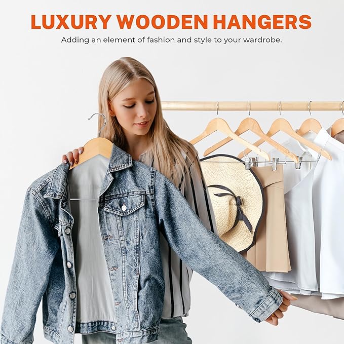HOUSE DAY Wooden Hangers with Clips 48 Pack,Wooden Suit Hangers Skirt Hangers Solid Wood Pants Hangers Natural Smooth Finish Wood Hangers with Durable Metal Clips for Blouse, Dress, Coat, Jacket
