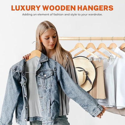 HOUSE DAY Wooden Hangers with Clips 48 Pack,Wooden Suit Hangers Skirt Hangers Solid Wood Pants Hangers Natural Smooth Finish Wood Hangers with Durable Metal Clips for Blouse, Dress, Coat, Jacket