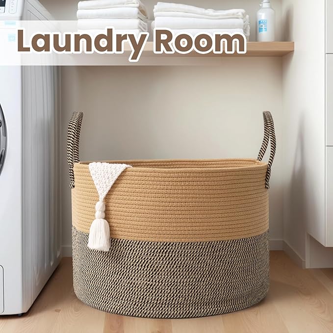 Woven Blanket Basket,65L Large Rope Storage Bin with Handles, Organizer for Blankets Toys Book and Clothes, Laundry Basket for Living Room Bedroom Nursery,Jute&Black