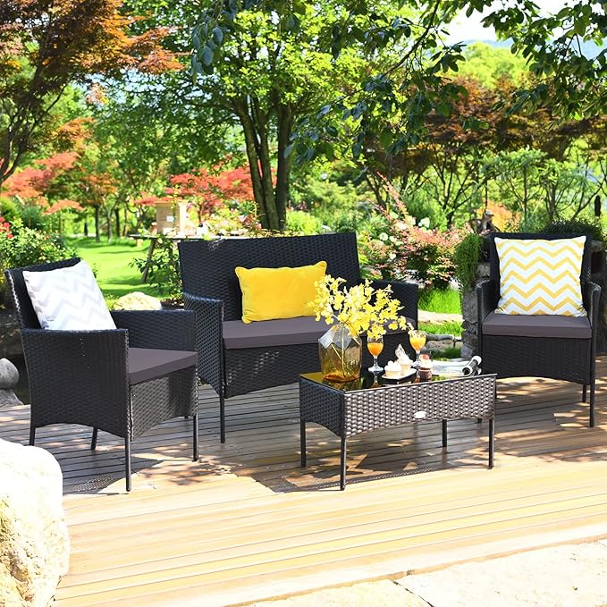 Tangkula 8 Pieces Patio Rattan Conversation Set, Outdoor Wicker Furniture Set with Tempered Glass Coffee Table &Thick Cushion, Rattan Chair Wicker Set for Garden, Lawn, Poolside and Backyard