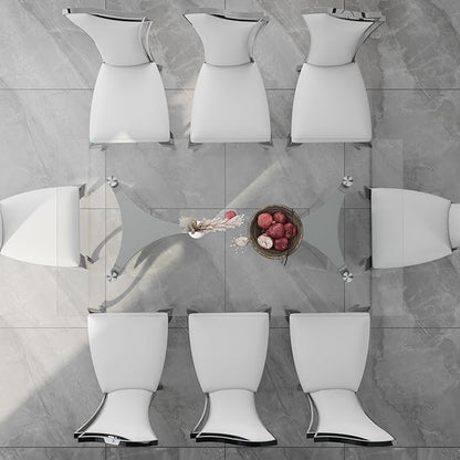 Asday 78" Glass Dining Table, Silver Dining Room Table with Double Pedestal Mirrored Stainless Steel Base, Large Modern Rectangular Kitchen Table for 6-8