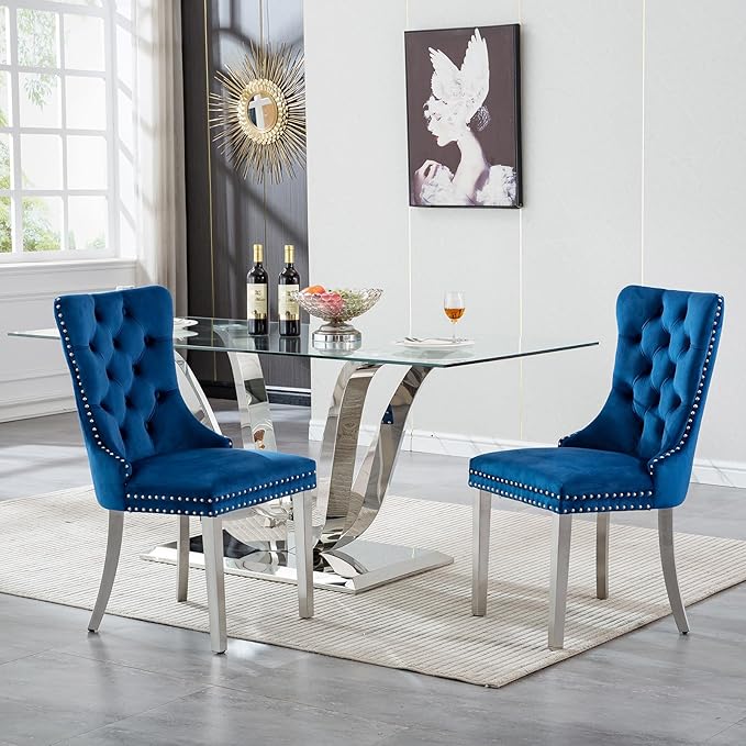 70" Modern Silver Glass Dining Table Set for 4, 5-Piece Rectangle Kitchen Dining Room Table Set with Steel Base & 4 Blue Velvet Upholstered Chairs, Modern Glass Kitchen Table and Chairs Set of 4