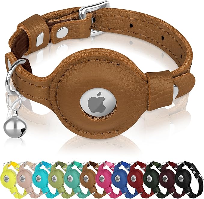 OOPSDOGGY Cat Collar for AirTag Holder, Leather Kitten Collars with Elastic Strap & Bell, Non Breakaway Adjustable Small Pet Collars for Indoor & Outdoor for Boy, Girl (Brown)