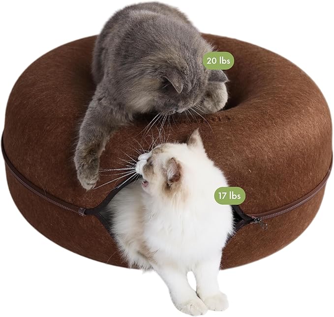 CATTASAURUS Peekaboo Cat Cave for Multiple & Large Cats Up to 30-45 Lbs, Scratch Detachable & Washable Tunnel Bed, Comfy Donut Cat Cave (Brown, Large)
