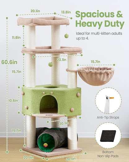 Cat Tree Tower for Indoor Cats Large Adult - Heavy Duty Extra Wide Scratching Post (φ4.4in) Maine Coon Condo House with Hammock Tunnel - 60 Inch XL Feline Bed Trees - Big Multi Level Cat Houses Stand