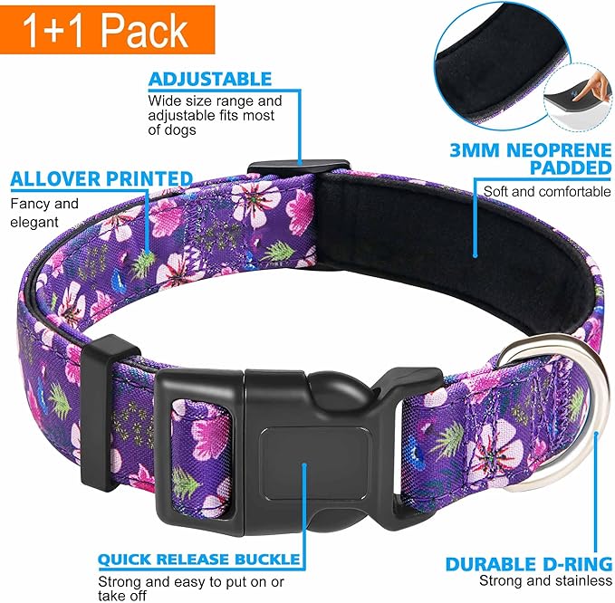 Reflective Dog Collar Padded with Soft Neoprene Breathable Adjustable Nylon Dog Collars for Small Medium Large Dogs (X-Small (Pack of 1), Purple/Pink Floral Collar+Leash)