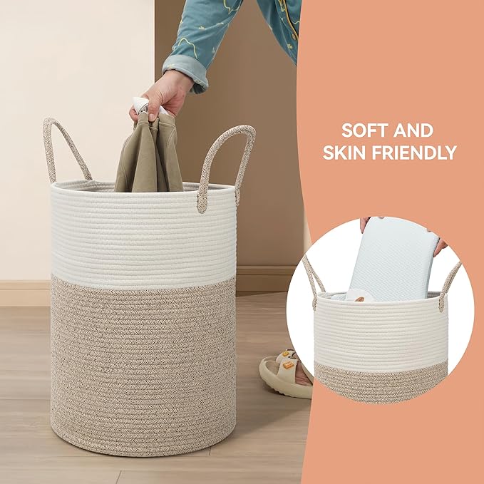 58L Cotton Rope Laundry Basket (20"x15"), Woven Storage Basket for Laundry, Living Room, Nursery, Bedroom, Blankets (White/Brow)