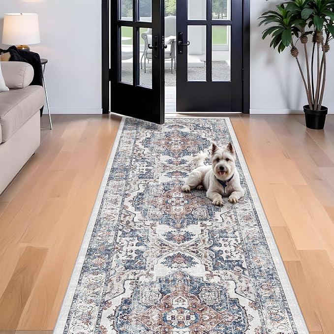 4x12 Wide Hallway Runner Rug: Vintage Washable Soft Runners for Living Room Bedroom Water Resistant Carpet with Non-Slip Backing for Entry Kitchen Dining Room Thin Bathroom Floor Mat(Brick,4x12)