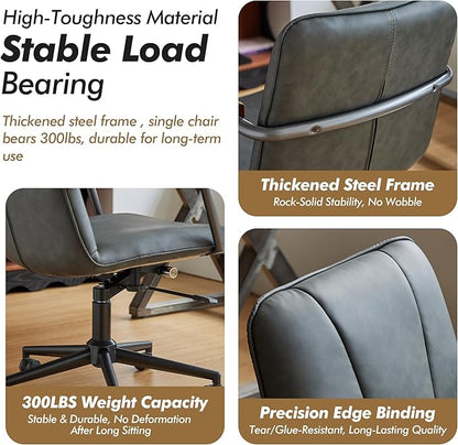 Home Office Desk Chair, Ergonomic Minimalist Faux Leather Swivel Chair with Oak Wood Armrests, Comfortable Task Chair for Computer or Study Room, 2 Pack, Charcoal Gray