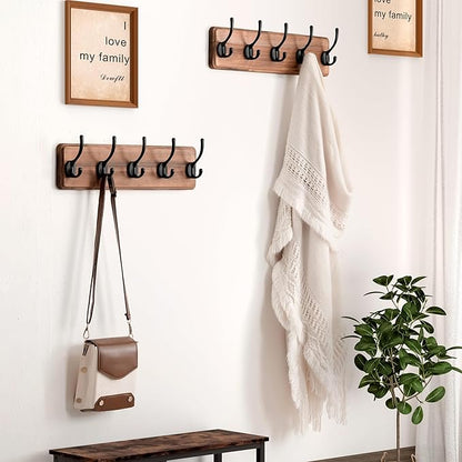 Dseap Wall Mounted Coat Rack: Patented, Heavy-Duty, 17.4" Long 5-Double-Hooks Wooden Hanger Rail for Winter Coats, Hat, Jacket, Clothing - Natural & Black, Pack of 2