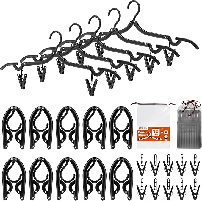HOUSE DAY Foldable Travel Hangers 10 Pack w/10 Clips, Cruise Essentials 2025, Portable Hanger Collapsible Hangers Plastic, Travel Must Haves for Suitcase, Hotel, RV, Road Trip, Flying, Camping-Black