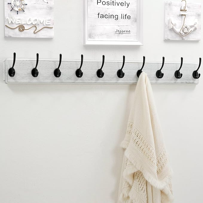 Dseap Coat Rack Wall Mount: 38-1/4" Long, Patented, Heavy-Duty, 10-Double-Hooks Wooden Hanger Rail for Winter Coats Hat Jacket Clothing, White & Black