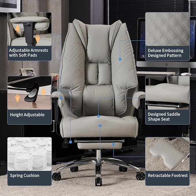 Big and Tall Office Chair 400lbs Wide Seat, Leather High Back Executive Office Chair with Foot Rest, Ergonomic Chairs Lumbar Support for Lower Back Pain Relief (Light Grey)