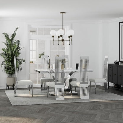 Dining Chairs Set of 12, Boucle Upholstered Modern Dining Chair, Elegant White and Silver Dining Room Chair with Polished Silver Stainless Steel Legs and Backrest for Kitchen Restaurant