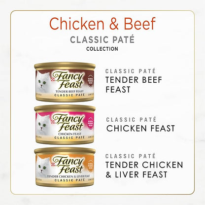 Purina Fancy Feast Chicken and Beef Classic Pate Collection Grain Free Wet Cat Food Variety Pack - (Pack of 24) 3 Oz. Pull-Top Cans