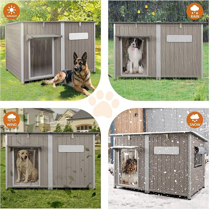 55"L Dog House Outdoor Large Breed Extra XL Wooden Dog House with Weatherproof Asphalt Roof, All-Around Iron Frame, Removable Floor, Openable Top Roof, Air Vents Window for Medium to Large Dogs