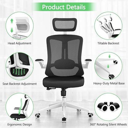 Office Chair,Ergonomic Comfy Home Desk Chair with 350LBS Capacity,High Back Gaming Chair with Wheels,Mesh Computer Chair,Lumbar Support, Adjustable Headrest,Flip-up Armrest (B-Black + White)