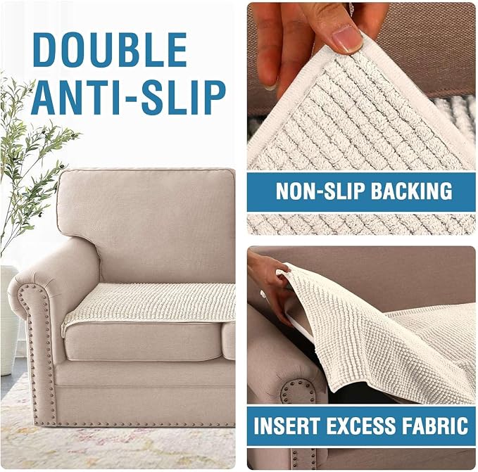 H.VERSAILTEX Plush Chenille Couch Cover for 3 Cushion Couch Anti Slip Washable Sofa Slipcovers Soft and Durable Furniture Protector for Dogs Cats Kids (27.5" x 59", Ivory)