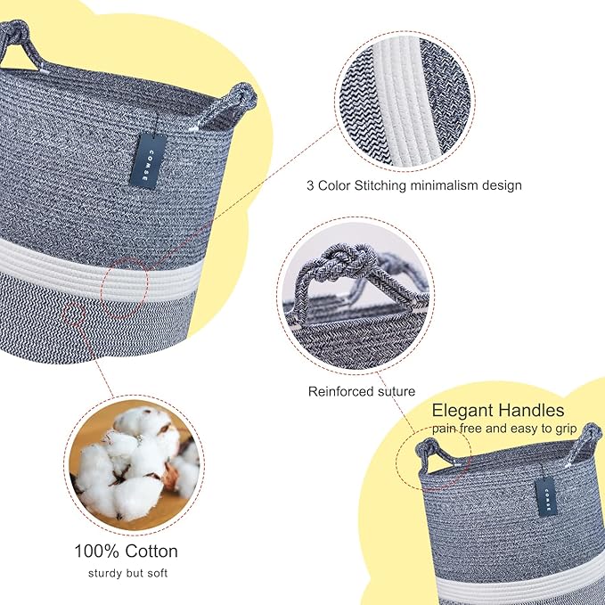 COMSE Extra Large Blanket Basket, Tall Woven Storage Basket, Nursery Hamper, 15.7”x 21.7”, Cotton Rope Laundry Hamper for Toys Clothes Towels, Blend Navy Blue/White