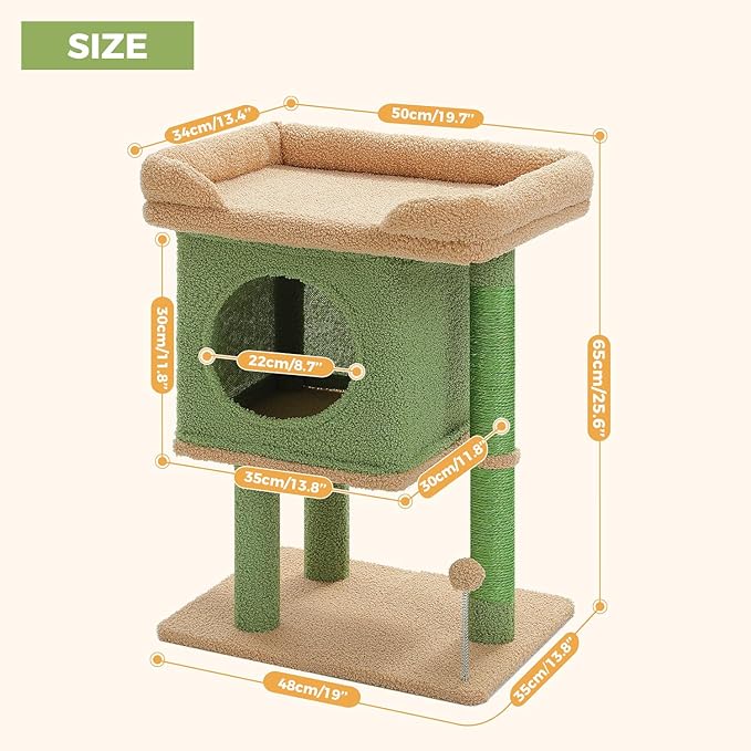 PAWZ Road Cat Tree for Indoor Cats, 26 Inches Cactus Cat Tower with Large Perch, Private Condo, Small Cat Condo with Spring Ball & 2 Scratching Posts for Cats