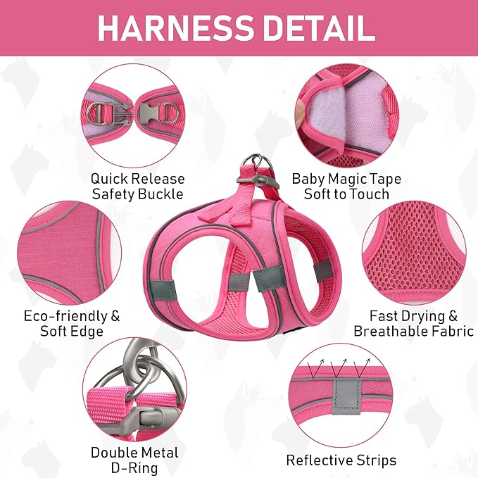 GAMUDA Small Pet Harness Collar and Leash Set, Step in No Chock No Pull Linen Fabric Soft Mesh Dog Vest Harnesses Reflective for Dogs Puppy Cats Kitten Rabbit (Pink, XL)