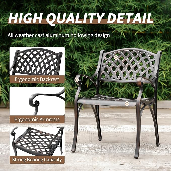 Cast Aluminum Patio Dining Set, Outdoor Bistro Set, 31.5" Round Outdoor Dining Table with Umbrella Hole, 2 Patio Chairs for Yard Porch Garden Balcony