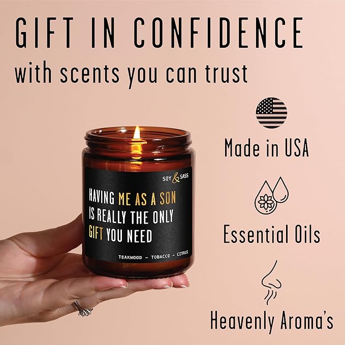 Mothers Day Gifts for Mom, Mom Gifts From Son - 'Having me as a Son' Soy Candle, w/Mahogany Teakwood I Mom Birthday Gifts from Son Ideas I 50Hr Burn, USA Made