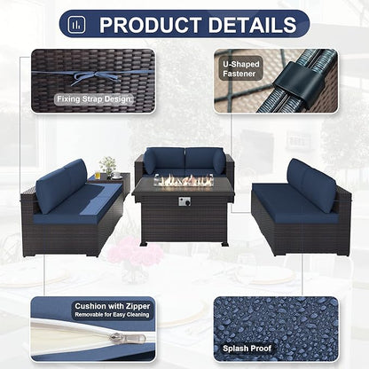 Kurapika 8 Pieces Patio Furniture Set, Rattan Wicker Outdoor Conversation Sets w/43in Propane Fire Pit Table and 4 Inch Cushion(Navy Blue)