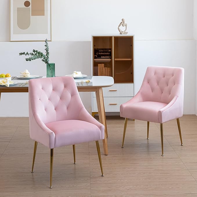 Modern Dining Chairs Set of 2, Mid Century Dining Chairs with 5.12” Cushions and Golden Legs, Velvet Upholstered with Back Pull Rod, for Kitchen, Living Room (Pink)