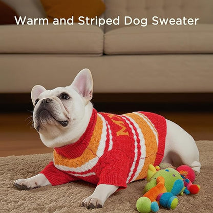 Dog Sweater for Small Medium Dogs & Cats, Classic Turtleneck Knitted Striped Pet Sweater, Warm Winter Soft Christmas Outfit for Boy & Girl Dogs, Medium