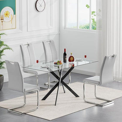 Modern Glass Dining Table Set for 4, Black Glass Kitchen Table and Chairs Set of 4, 5 Piece Dining Room Table Set with 61" Rectangular Metal Glass Dinner Table and 4 Grey Leather Dining Chairs